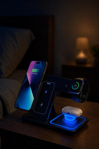 NovaCharge Glow con luz nocturna encendida sobre una mesilla de noche