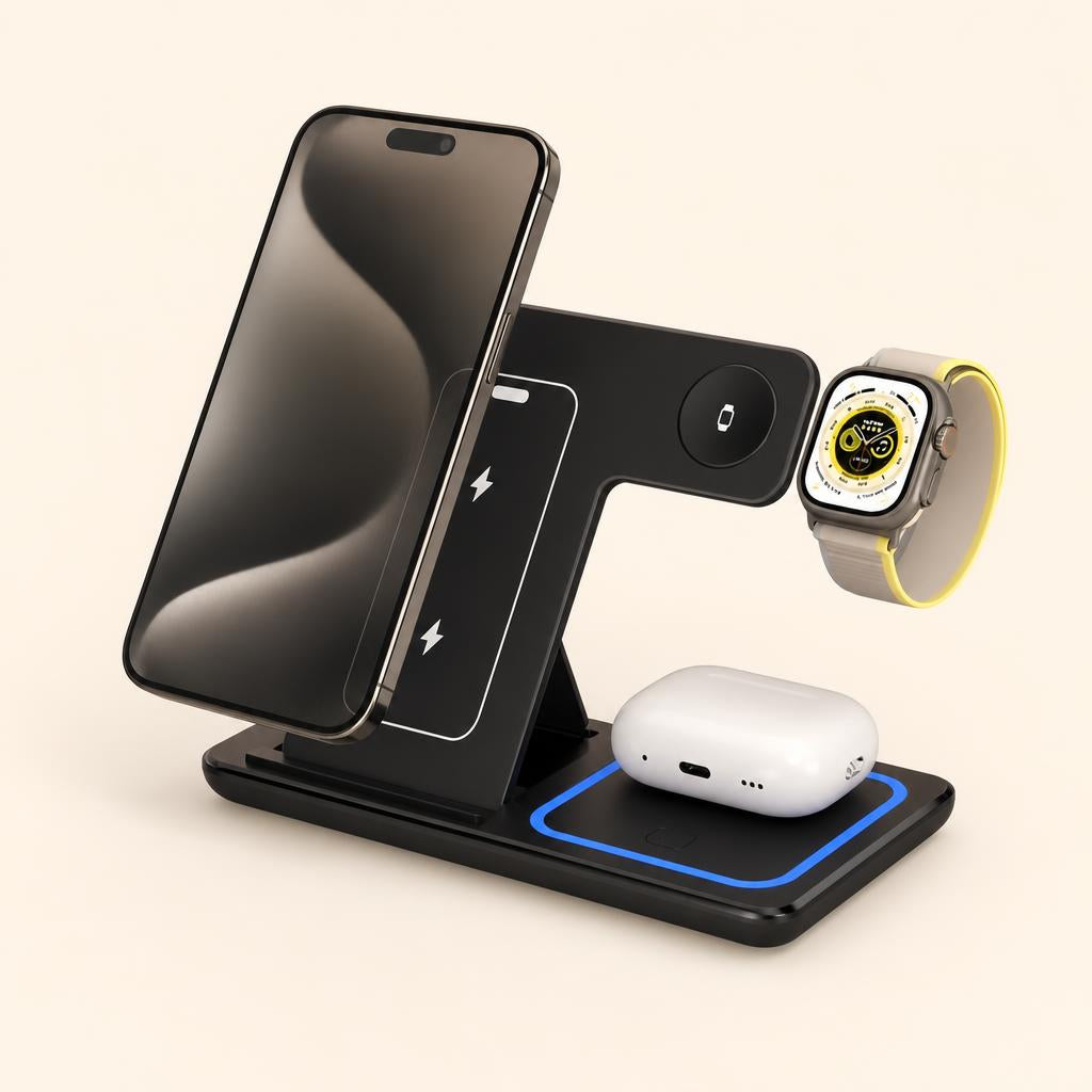 NovaCharge Glow charging an iPhone, Apple Watch, and AirPods, front view on warm background