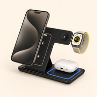 NovaCharge Glow charging an iPhone, Apple Watch, and AirPods, front view on warm background