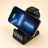 NovaCharge TimeSync charging an iPhone and Apple Watch with digital clock display