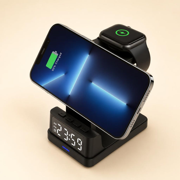 NovaCharge TimeSync charging an iPhone and Apple Watch with digital clock display