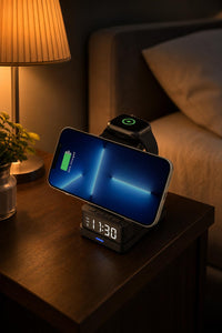 NovaCharge TimeSync on a nightstand at night with glowing clock display